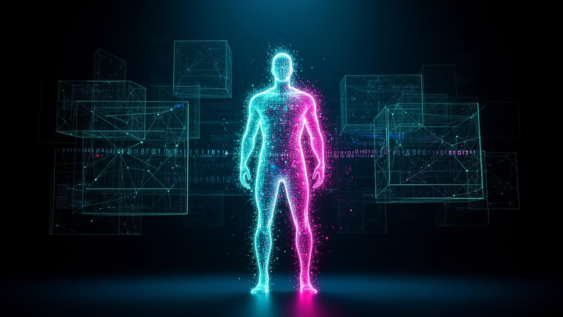 Holographic human figure representing Layer 8 — the human element of cybersecurity